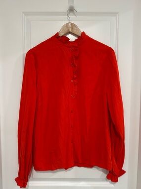 Red Ruffle-Trim Blouse Cream Clothing CRVenea Shirt Size EU 40 / US Large